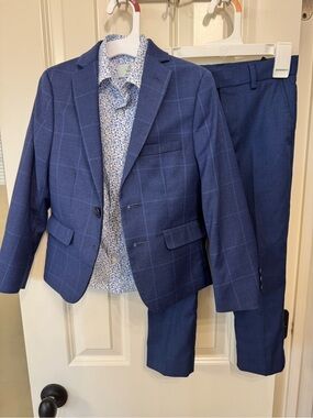 Class Club Boys Suit -Blue Windowpane Blazer, blue Pants,Floral Shirt Set sz 5